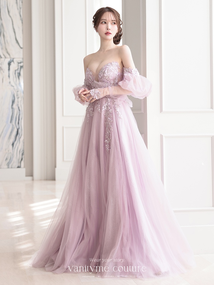vanityME.couture. バニティミークチュール ロングスリーブ オフショル スパンコール刺繍 スリット入り プリンセス 姫 ロングドレス バースデードレス ラベンダー 【袖取り外し可能】 vctr-l-2432-3