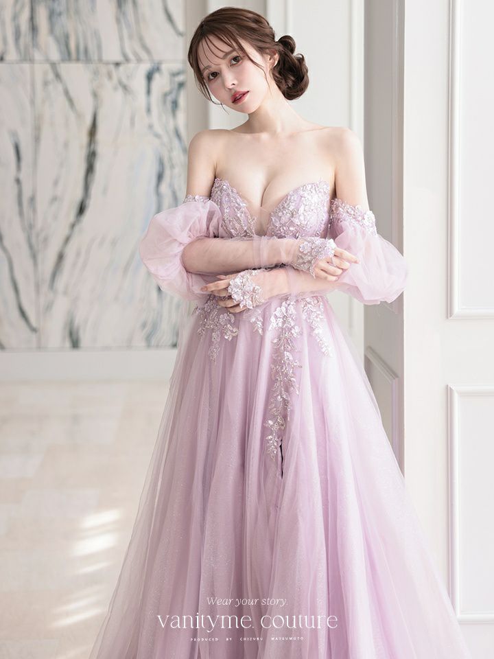 vanityME.couture. バニティミークチュール ロングスリーブ オフショル スパンコール刺繍 スリット入り プリンセス 姫 ロングドレス バースデードレス ラベンダー 【袖取り外し可能】 vctr-l-2432-3