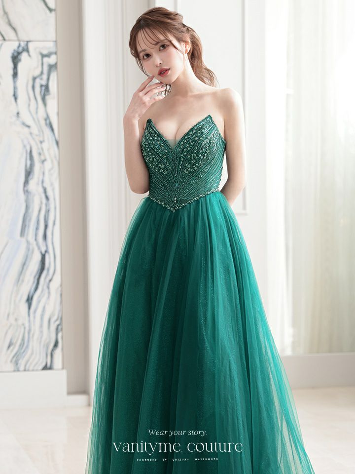 vanityME.couture. バニティミークチュール エメラルドビジュー ラメチュール プリンセス 姫 ロングドレス バースデードレス モスグリーン vctr-l-cc415
