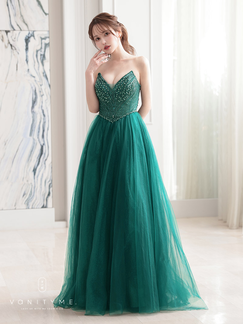 vanityME.couture. バニティミークチュール エメラルドビジュー ラメチュール プリンセス 姫 ロングドレス バースデードレス モスグリーン vctr-l-cc415