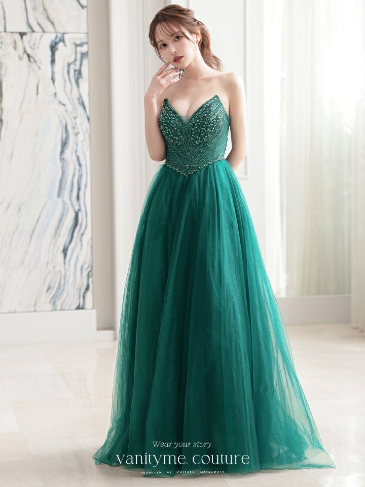 vanityME.couture. バニティミークチュール エメラルドビジュー ラメチュール プリンセス 姫 ロングドレス バースデードレス モスグリーン vctr-l-cc415