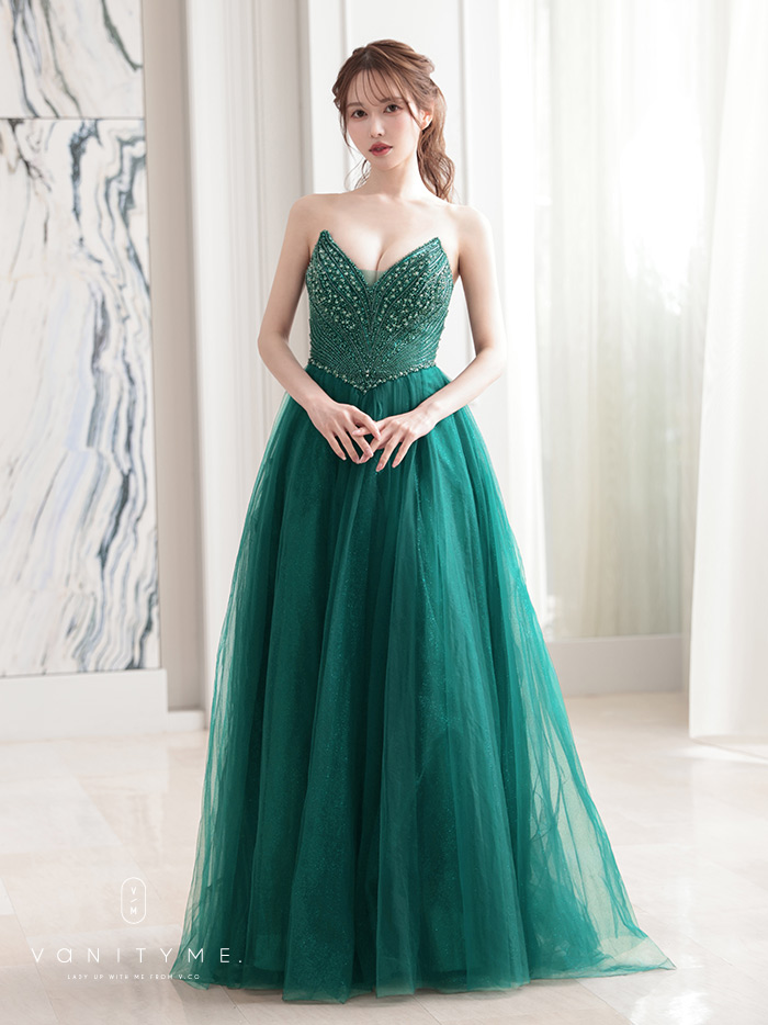 vanityME.couture. バニティミークチュール エメラルドビジュー ラメチュール プリンセス 姫 ロングドレス バースデードレス モスグリーン vctr-l-cc415