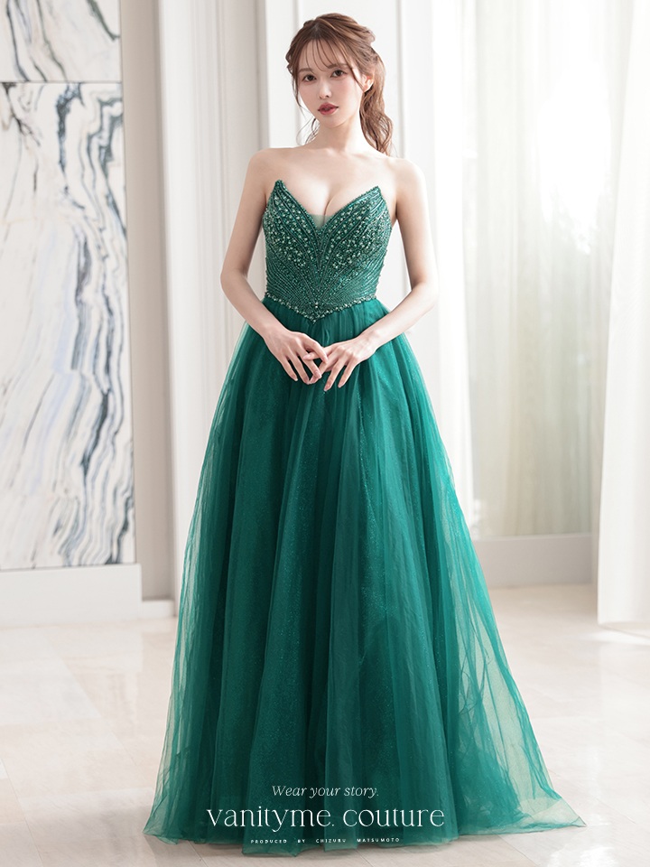 vanityME.couture. バニティミークチュール エメラルドビジュー ラメチュール プリンセス 姫 ロングドレス バースデードレス モスグリーン vctr-l-cc415