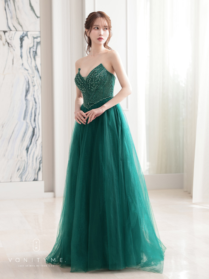 vanityME.couture. バニティミークチュール エメラルドビジュー ラメチュール プリンセス 姫 ロングドレス バースデードレス モスグリーン vctr-l-cc415