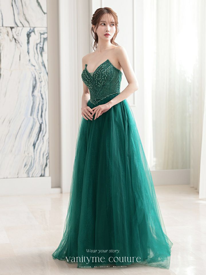 vanityME.couture. バニティミークチュール エメラルドビジュー ラメチュール プリンセス 姫 ロングドレス バースデードレス モスグリーン vctr-l-cc415