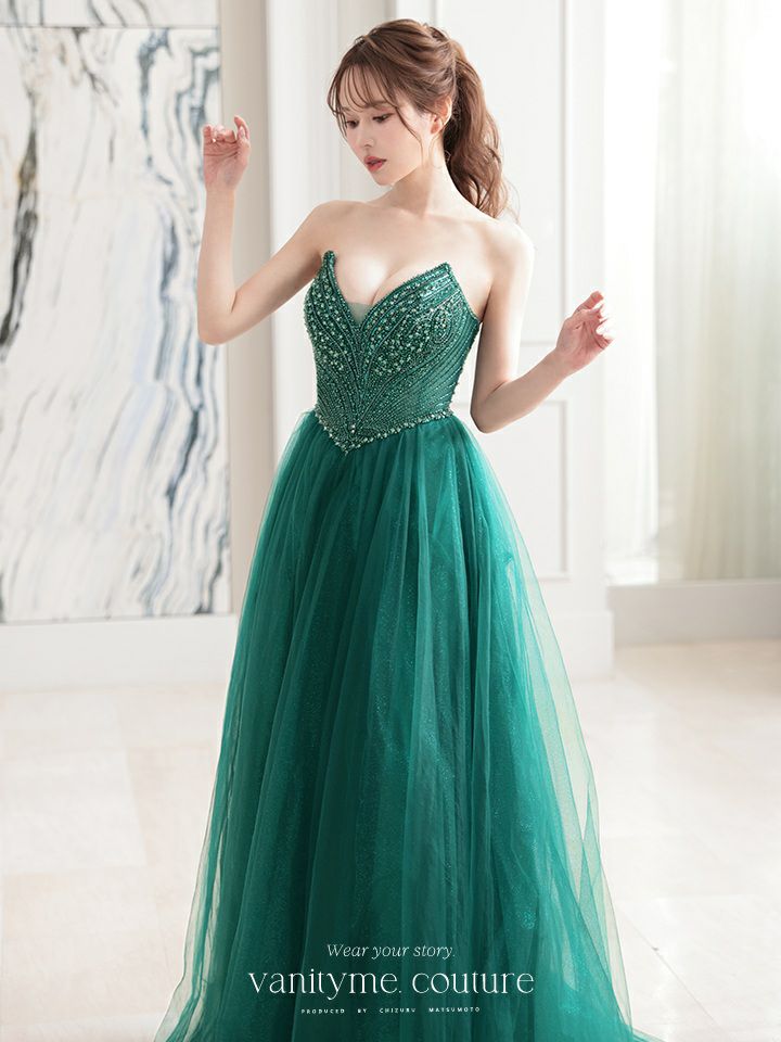 vanityME.couture. バニティミークチュール エメラルドビジュー ラメチュール プリンセス 姫 ロングドレス バースデードレス モスグリーン vctr-l-cc415