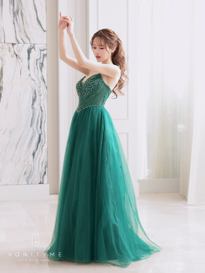 vanityME.couture. バニティミークチュール エメラルドビジュー ラメチュール プリンセス 姫 ロングドレス バースデードレス モスグリーン vctr-l-cc415