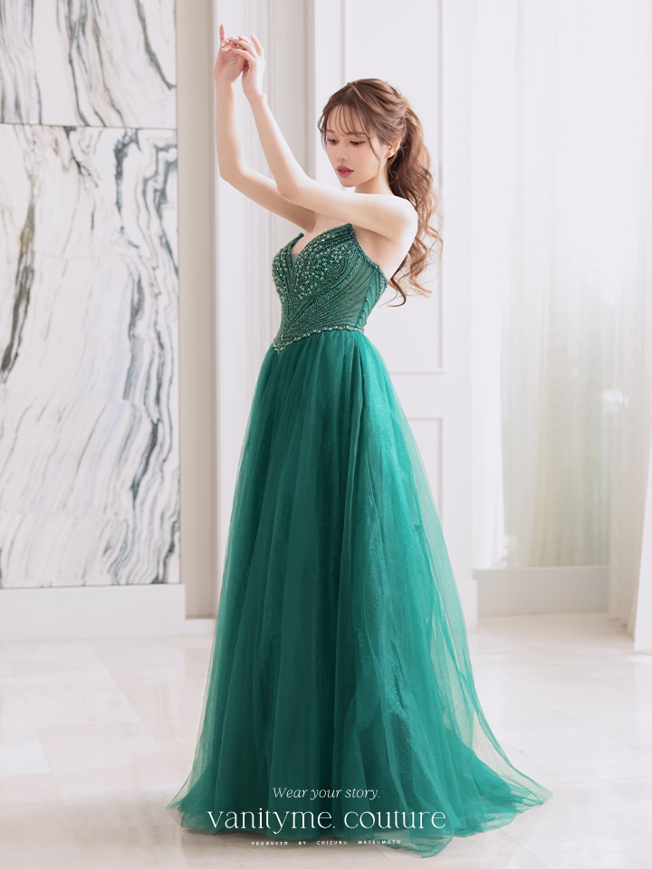 vanityME.couture. バニティミークチュール エメラルドビジュー ラメチュール プリンセス 姫 ロングドレス バースデードレス モスグリーン vctr-l-cc415