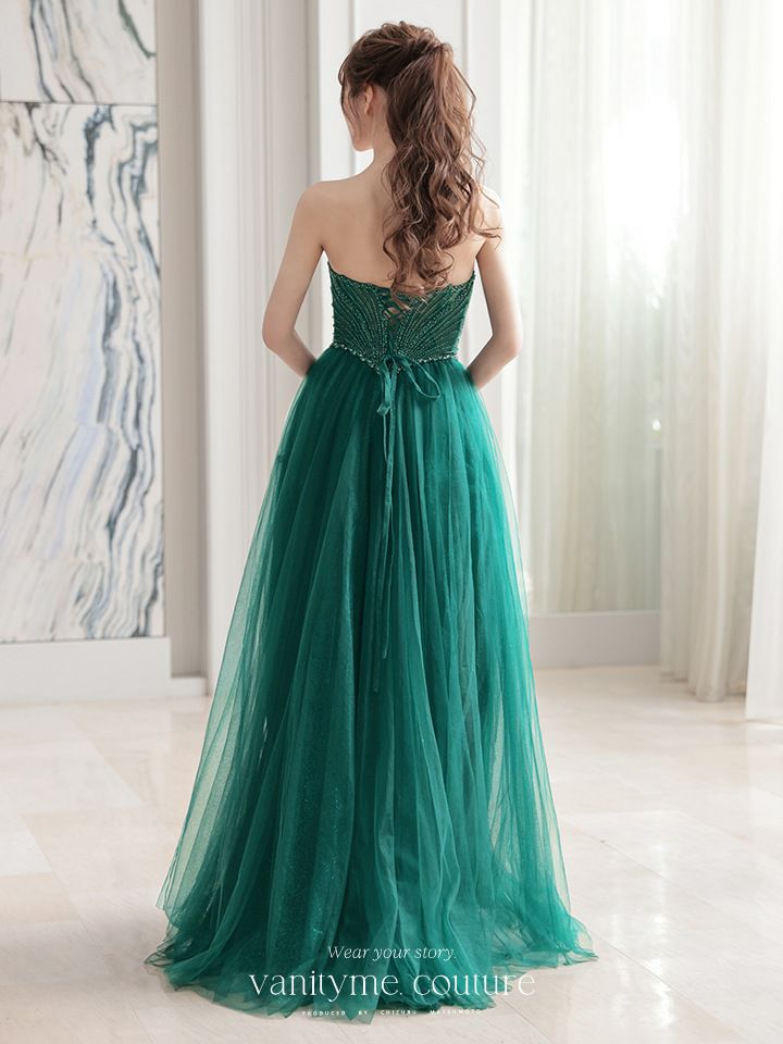 vanityME.couture. バニティミークチュール エメラルドビジュー ラメチュール プリンセス 姫 ロングドレス バースデードレス モスグリーン vctr-l-cc415