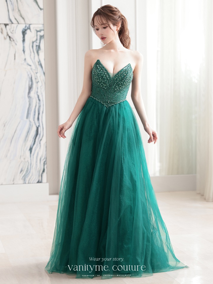 vanityME.couture. バニティミークチュール エメラルドビジュー ラメチュール プリンセス 姫 ロングドレス バースデードレス モスグリーン vctr-l-cc415