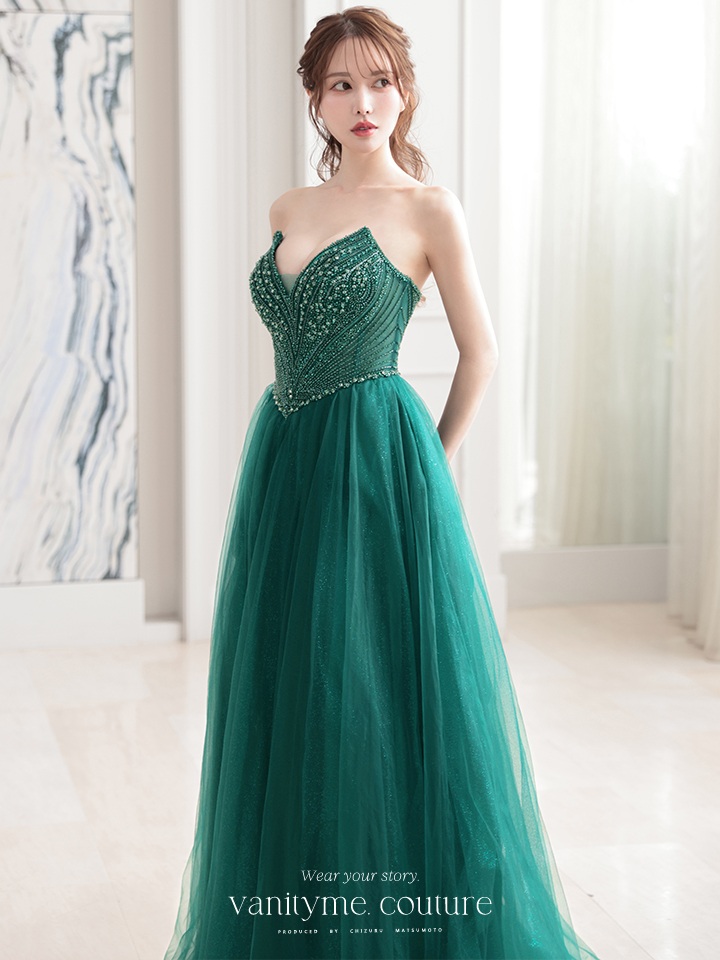 vanityME.couture. バニティミークチュール エメラルドビジュー ラメチュール プリンセス 姫 ロングドレス バースデードレス モスグリーン vctr-l-cc415