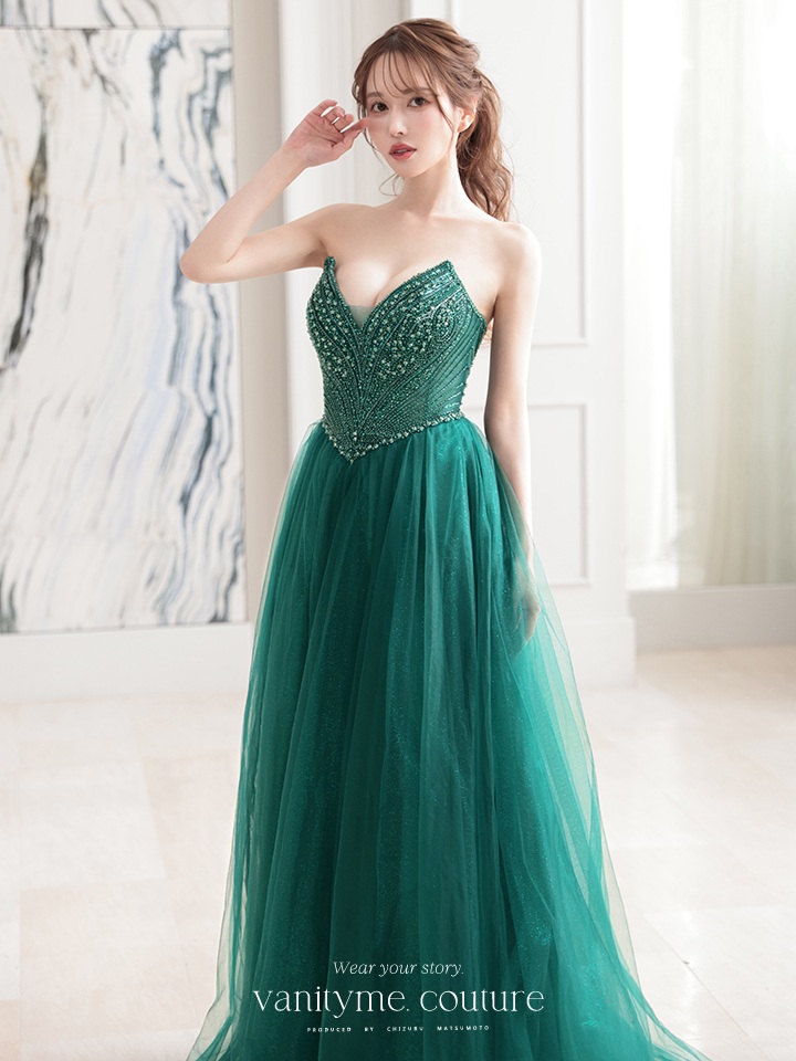 vanityME.couture. バニティミークチュール エメラルドビジュー ラメチュール プリンセス 姫 ロングドレス バースデードレス モスグリーン vctr-l-cc415
