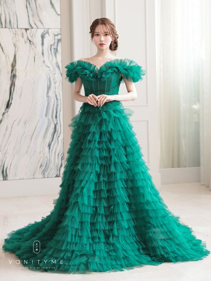 vanityME.couture. バニティミークチュール エメラルド スパンコールライン オフショル ボリュームフリル プリンセス 姫 ロングドレス バースデードレス モスグリーン vctr-l-25033
