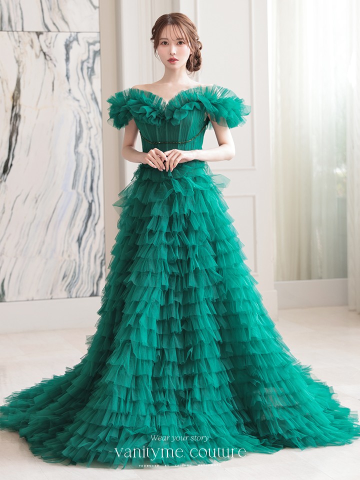 vanityME.couture. バニティミークチュール エメラルド スパンコールライン オフショル ボリュームフリル プリンセス 姫 ロングドレス バースデードレス モスグリーン vctr-l-25033