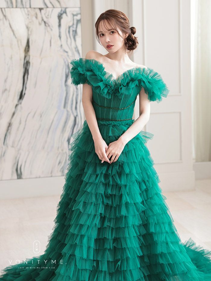 vanityME.couture. バニティミークチュール エメラルド スパンコールライン オフショル ボリュームフリル プリンセス 姫 ロングドレス バースデードレス モスグリーン vctr-l-25033