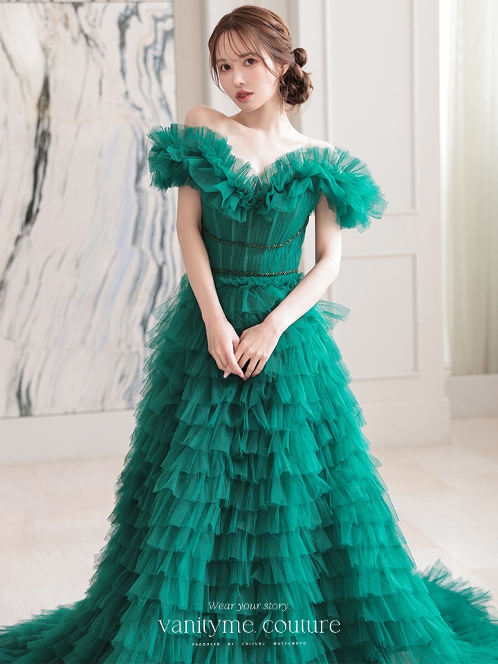 vanityME.couture. バニティミークチュール エメラルド スパンコールライン オフショル ボリュームフリル プリンセス 姫 ロングドレス バースデードレス モスグリーン vctr-l-25033