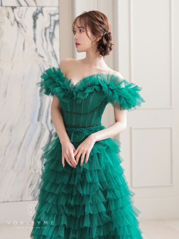 vanityME.couture. バニティミークチュール エメラルド スパンコールライン オフショル ボリュームフリル プリンセス 姫 ロングドレス バースデードレス モスグリーン vctr-l-25033