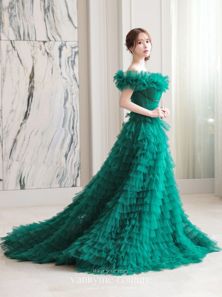 vanityME.couture. バニティミークチュール エメラルド スパンコールライン オフショル ボリュームフリル プリンセス 姫 ロングドレス バースデードレス モスグリーン vctr-l-25033
