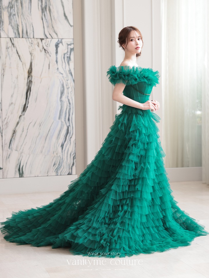 vanityME.couture. バニティミークチュール エメラルド スパンコールライン オフショル ボリュームフリル プリンセス 姫 ロングドレス バースデードレス モスグリーン vctr-l-25033