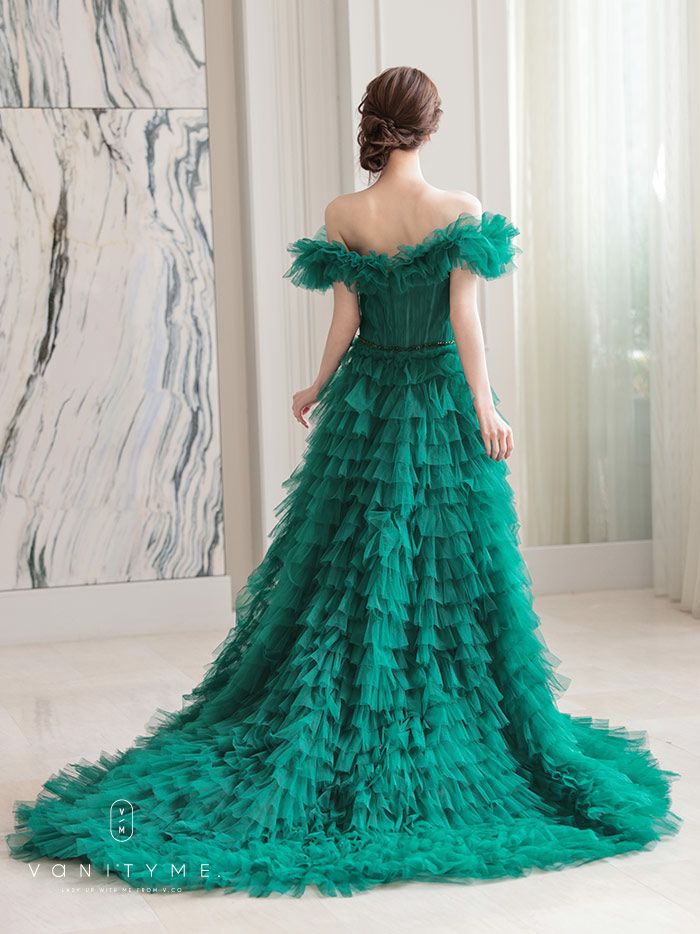 vanityME.couture. バニティミークチュール エメラルド スパンコールライン オフショル ボリュームフリル プリンセス 姫 ロングドレス バースデードレス モスグリーン vctr-l-25033