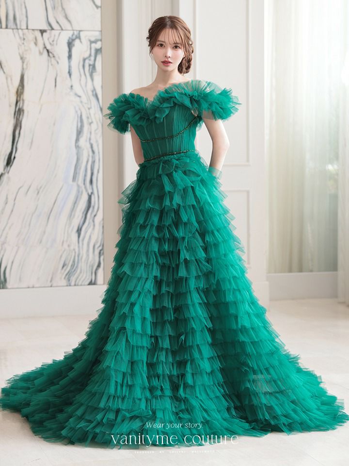 vanityME.couture. バニティミークチュール エメラルド スパンコールライン オフショル ボリュームフリル プリンセス 姫 ロングドレス バースデードレス モスグリーン vctr-l-25033