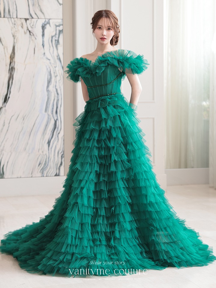 vanityME.couture. バニティミークチュール エメラルド スパンコールライン オフショル ボリュームフリル プリンセス 姫 ロングドレス バースデードレス モスグリーン vctr-l-25033
