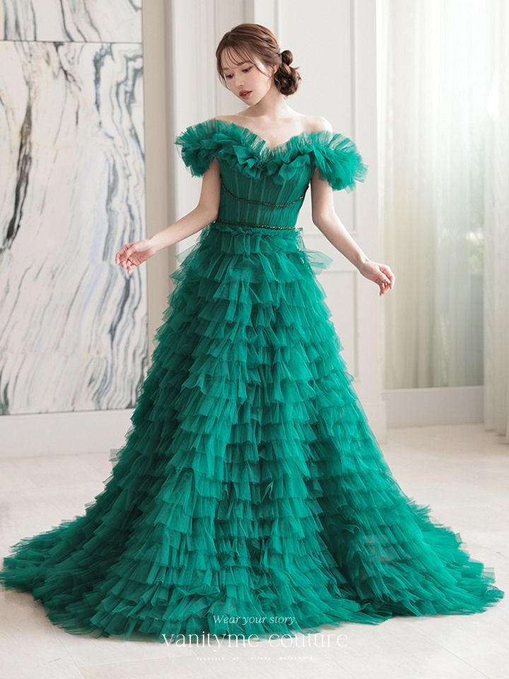 vanityME.couture. バニティミークチュール エメラルド スパンコールライン オフショル ボリュームフリル プリンセス 姫 ロングドレス バースデードレス モスグリーン vctr-l-25033