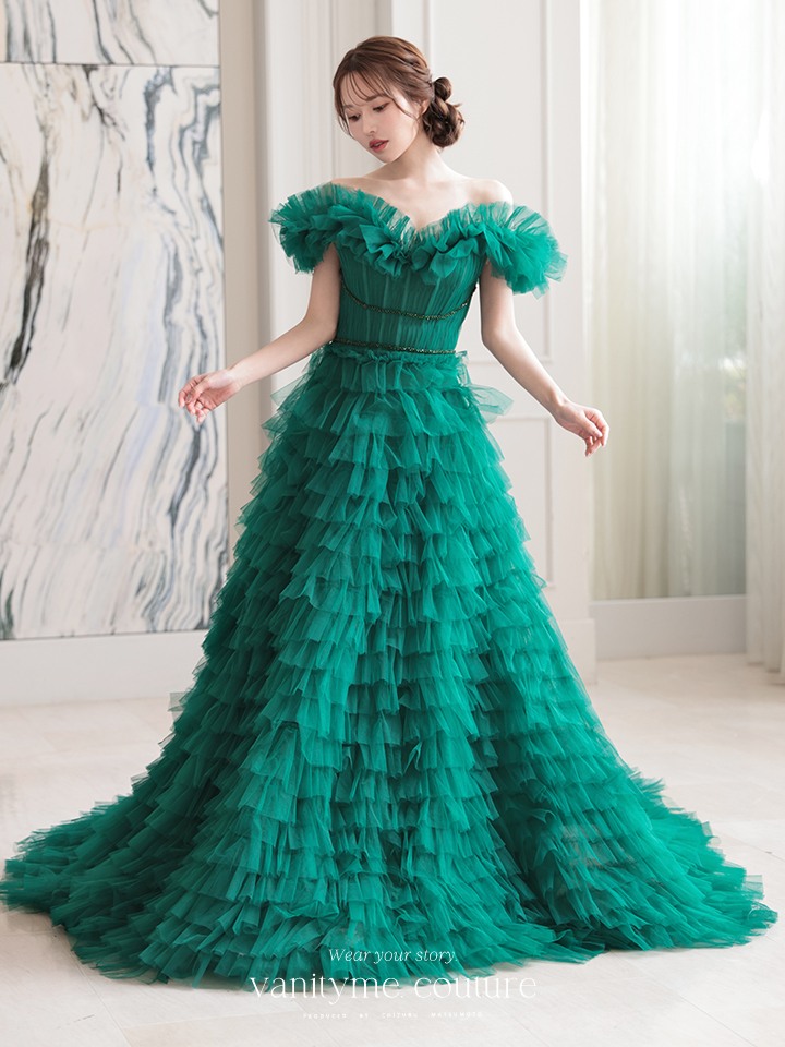 vanityME.couture. バニティミークチュール エメラルド スパンコールライン オフショル ボリュームフリル プリンセス 姫 ロングドレス バースデードレス モスグリーン vctr-l-25033