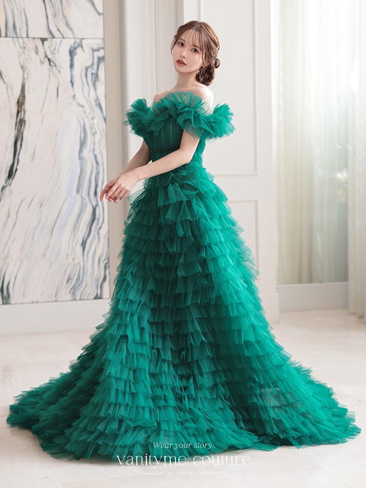 vanityME.couture. バニティミークチュール エメラルド スパンコールライン オフショル ボリュームフリル プリンセス 姫 ロングドレス バースデードレス モスグリーン vctr-l-25033