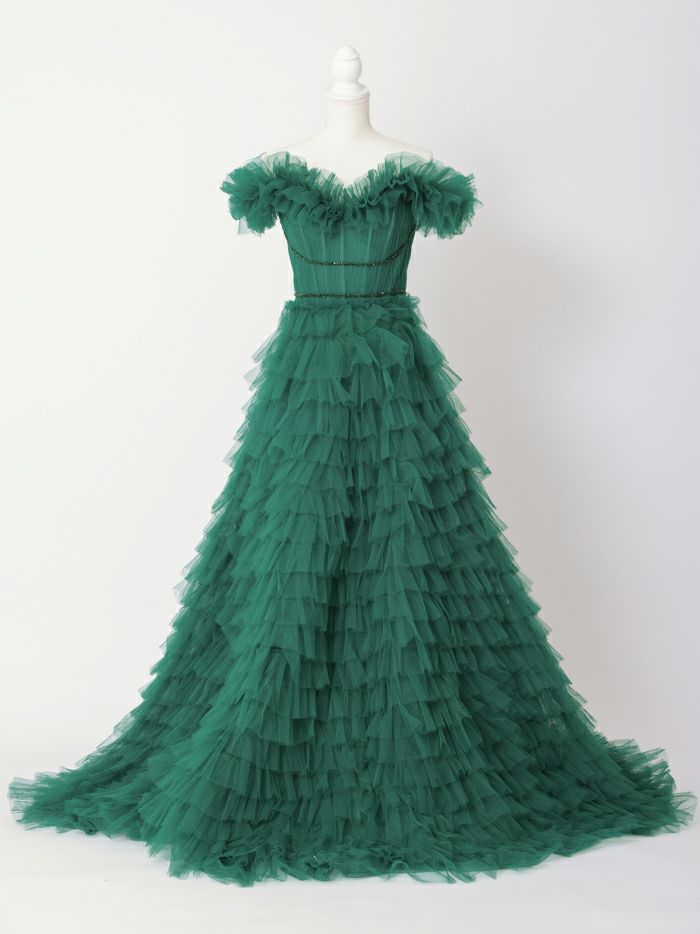 vanityME.couture. バニティミークチュール エメラルド スパンコールライン オフショル ボリュームフリル プリンセス 姫 ロングドレス バースデードレス モスグリーン vctr-l-25033