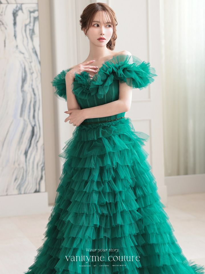vanityME.couture. バニティミークチュール エメラルド スパンコールライン オフショル ボリュームフリル プリンセス 姫 ロングドレス バースデードレス モスグリーン vctr-l-25033