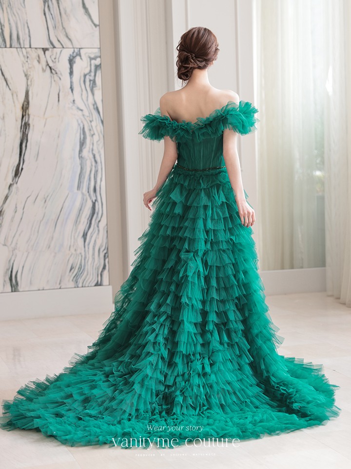 vanityME.couture. バニティミークチュール エメラルド スパンコールライン オフショル ボリュームフリル プリンセス 姫 ロングドレス バースデードレス モスグリーン vctr-l-25033