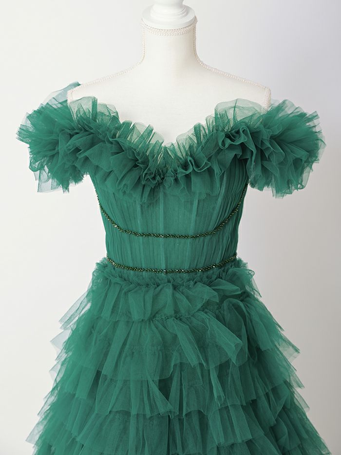 vanityME.couture. バニティミークチュール エメラルド スパンコールライン オフショル ボリュームフリル プリンセス 姫 ロングドレス バースデードレス モスグリーン vctr-l-25033