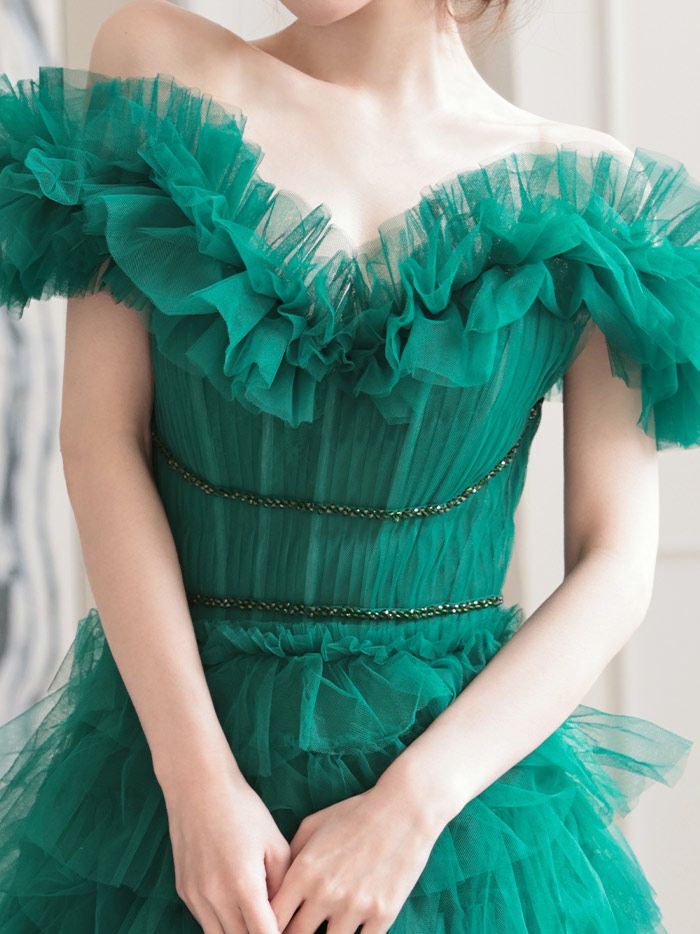 vanityME.couture. バニティミークチュール エメラルド スパンコールライン オフショル ボリュームフリル プリンセス 姫 ロングドレス バースデードレス モスグリーン vctr-l-25033