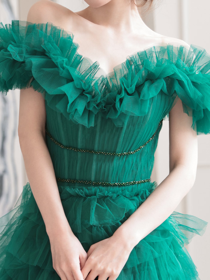 vanityME.couture. バニティミークチュール エメラルド スパンコールライン オフショル ボリュームフリル プリンセス 姫 ロングドレス バースデードレス モスグリーン vctr-l-25033