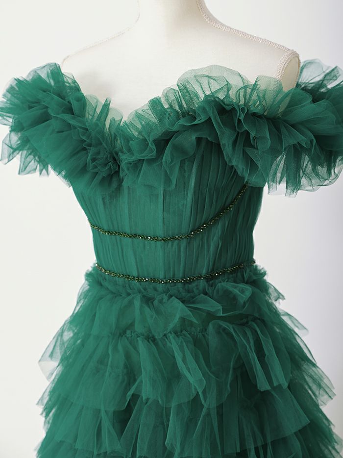 vanityME.couture. バニティミークチュール エメラルド スパンコールライン オフショル ボリュームフリル プリンセス 姫 ロングドレス バースデードレス モスグリーン vctr-l-25033