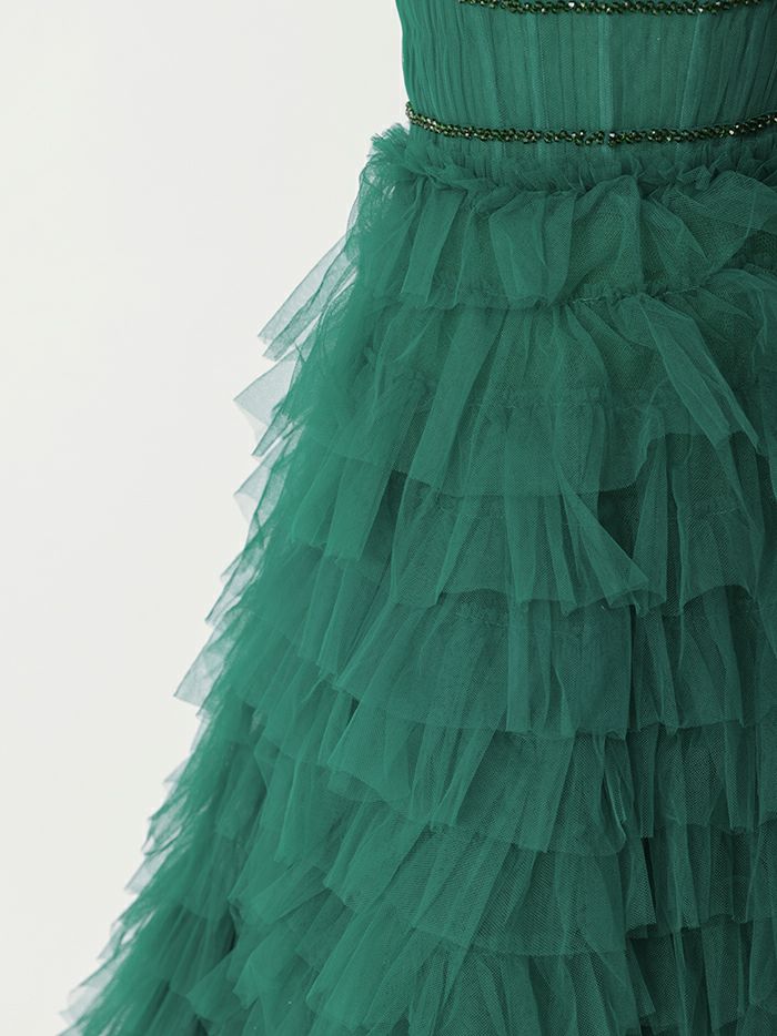 vanityME.couture. バニティミークチュール エメラルド スパンコールライン オフショル ボリュームフリル プリンセス 姫 ロングドレス バースデードレス モスグリーン vctr-l-25033