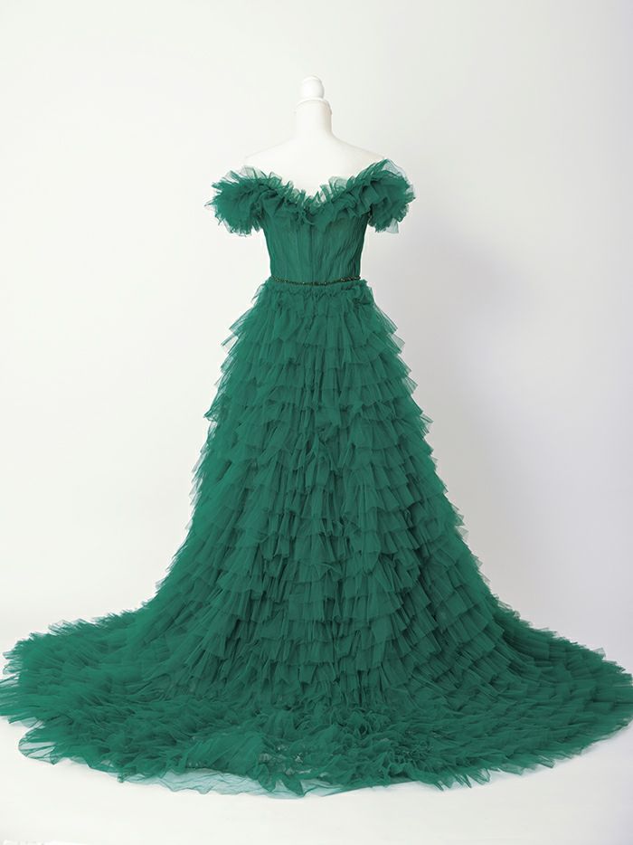 vanityME.couture. バニティミークチュール エメラルド スパンコールライン オフショル ボリュームフリル プリンセス 姫 ロングドレス バースデードレス モスグリーン vctr-l-25033