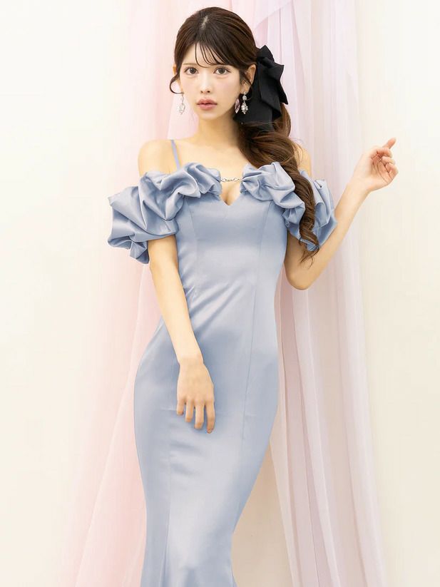 AngelR エンジェルアール オフショルダースリーブデザインフロントビジューマーメイドタイトロングドレス ar25818-ks