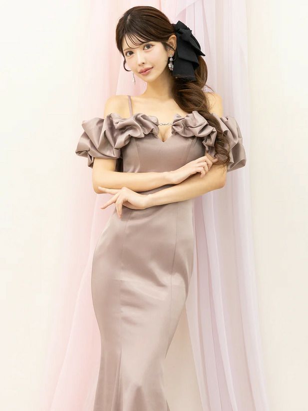 AngelR エンジェルアール オフショルダースリーブデザインフロントビジューマーメイドタイトロングドレス ar25818-ks