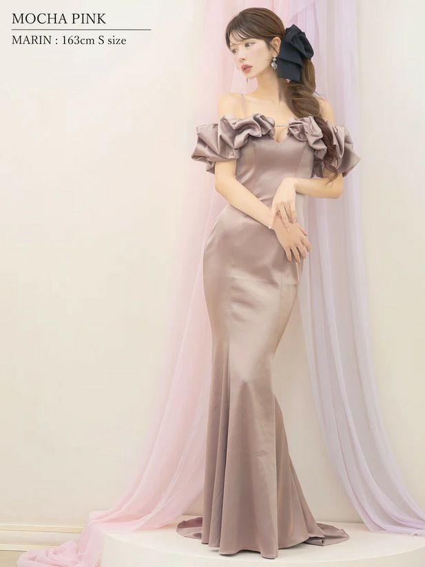 AngelR エンジェルアール オフショルダースリーブデザインフロントビジューマーメイドタイトロングドレス ar25818-ks