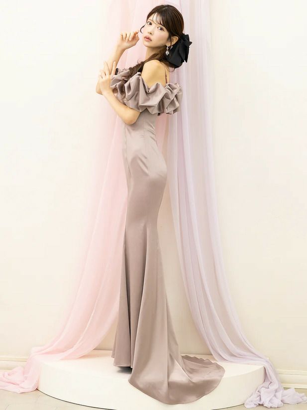 AngelR エンジェルアール オフショルダースリーブデザインフロントビジューマーメイドタイトロングドレス ar25818-ks