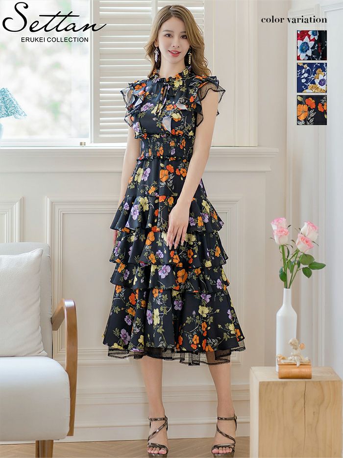 ERUKEI エルケイ ティアード・フリル・プチハイネック・ミディアムドレス・ワンピース ek-s61208