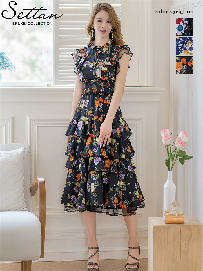 ERUKEI エルケイ ティアード・フリル・プチハイネック・ミディアムドレス・ワンピース ek-s61208