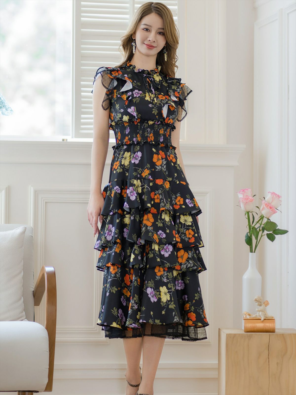 ERUKEI エルケイ ティアード・フリル・プチハイネック・ミディアムドレス・ワンピース ek-s61208