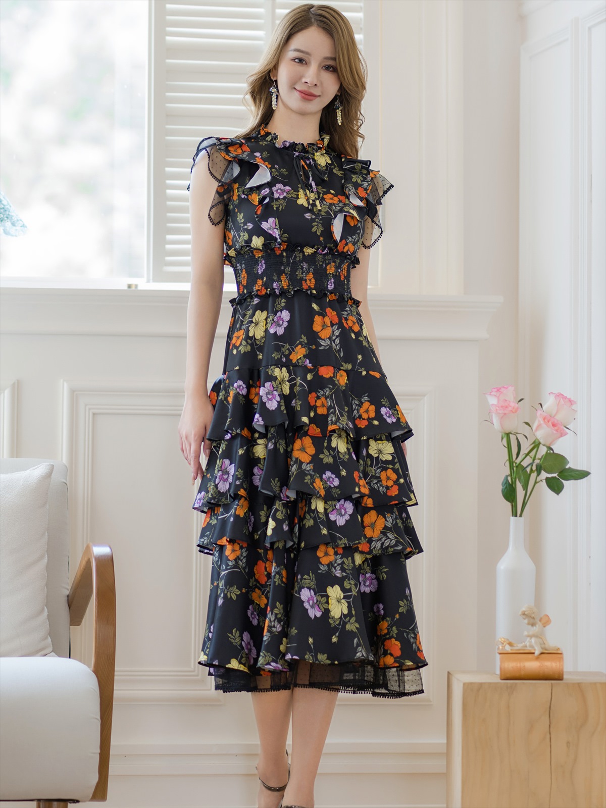 ERUKEI エルケイ ティアード・フリル・プチハイネック・ミディアムドレス・ワンピース ek-s61208