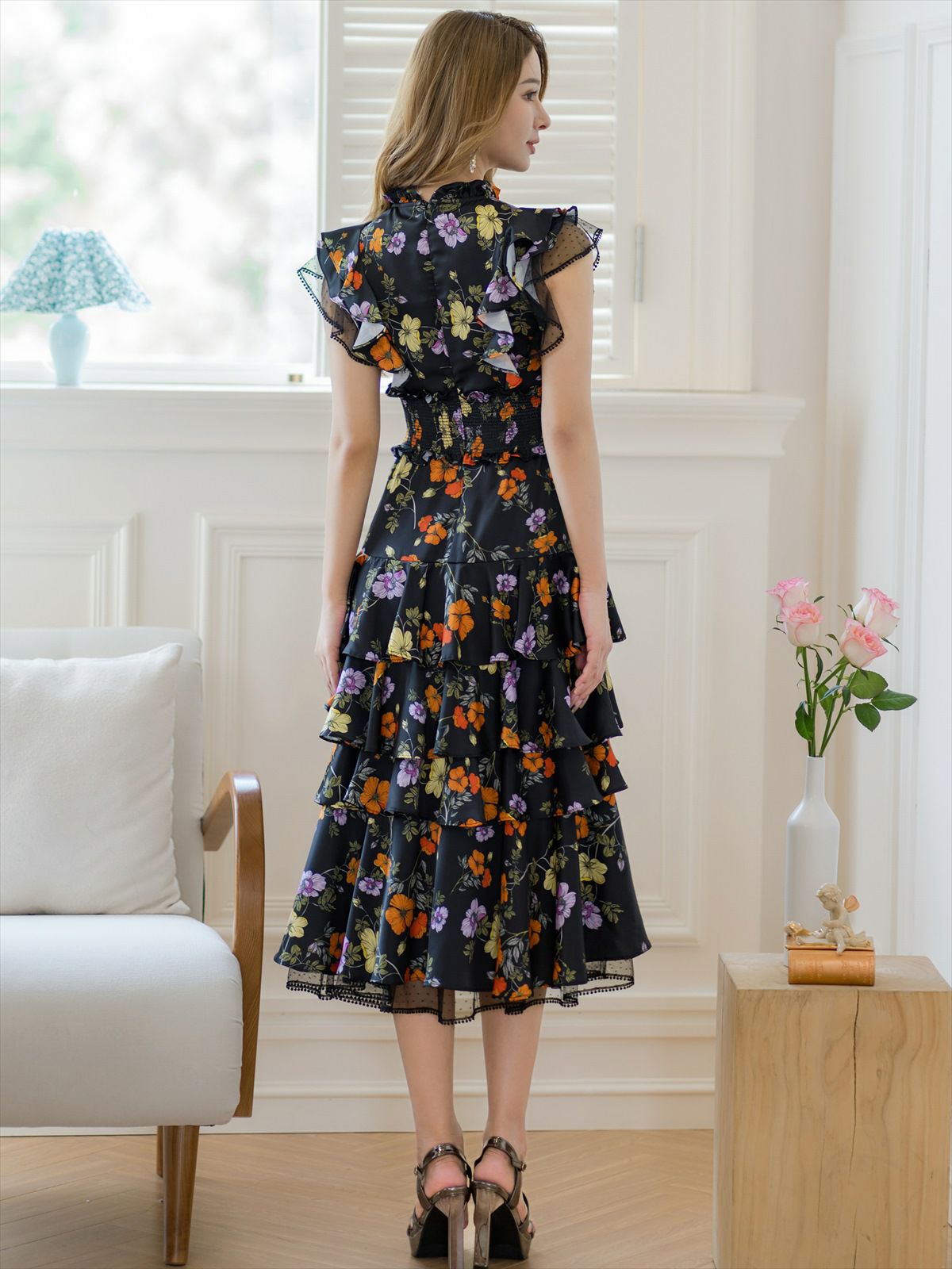 ERUKEI エルケイ ティアード・フリル・プチハイネック・ミディアムドレス・ワンピース ek-s61208