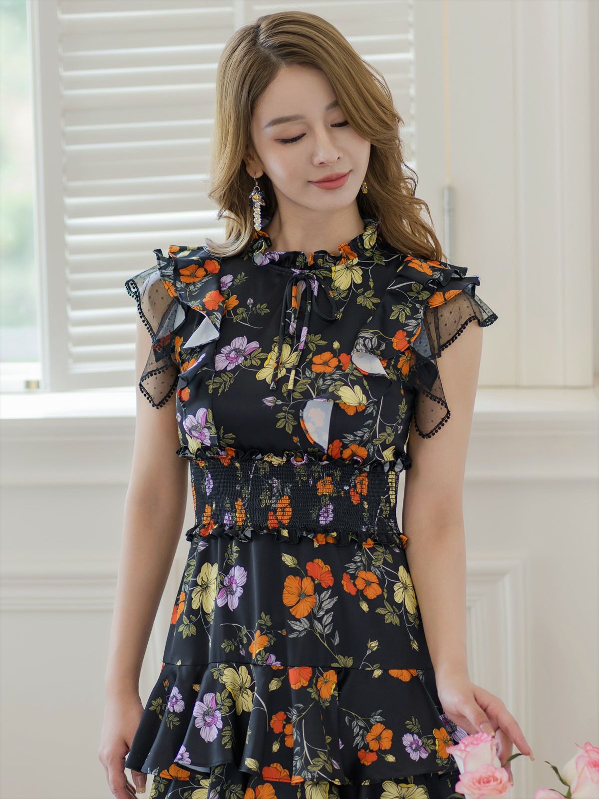 ERUKEI エルケイ ティアード・フリル・プチハイネック・ミディアムドレス・ワンピース ek-s61208