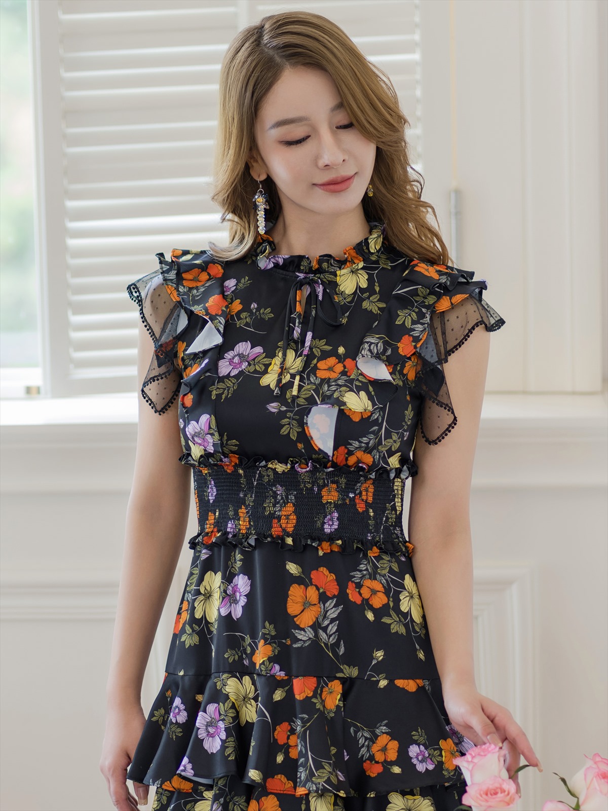 ERUKEI エルケイ ティアード・フリル・プチハイネック・ミディアムドレス・ワンピース ek-s61208