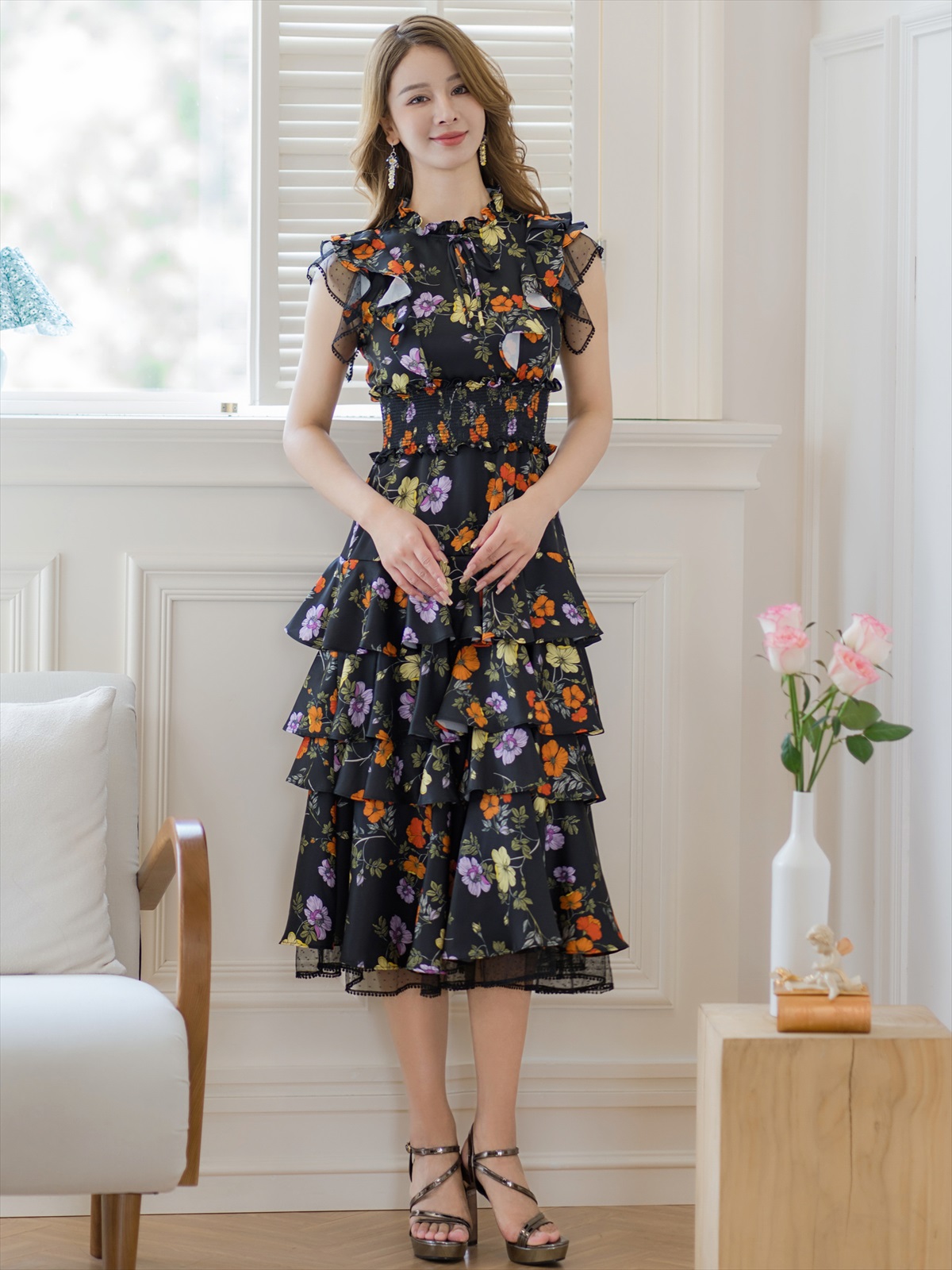 ERUKEI エルケイ ティアード・フリル・プチハイネック・ミディアムドレス・ワンピース ek-s61208